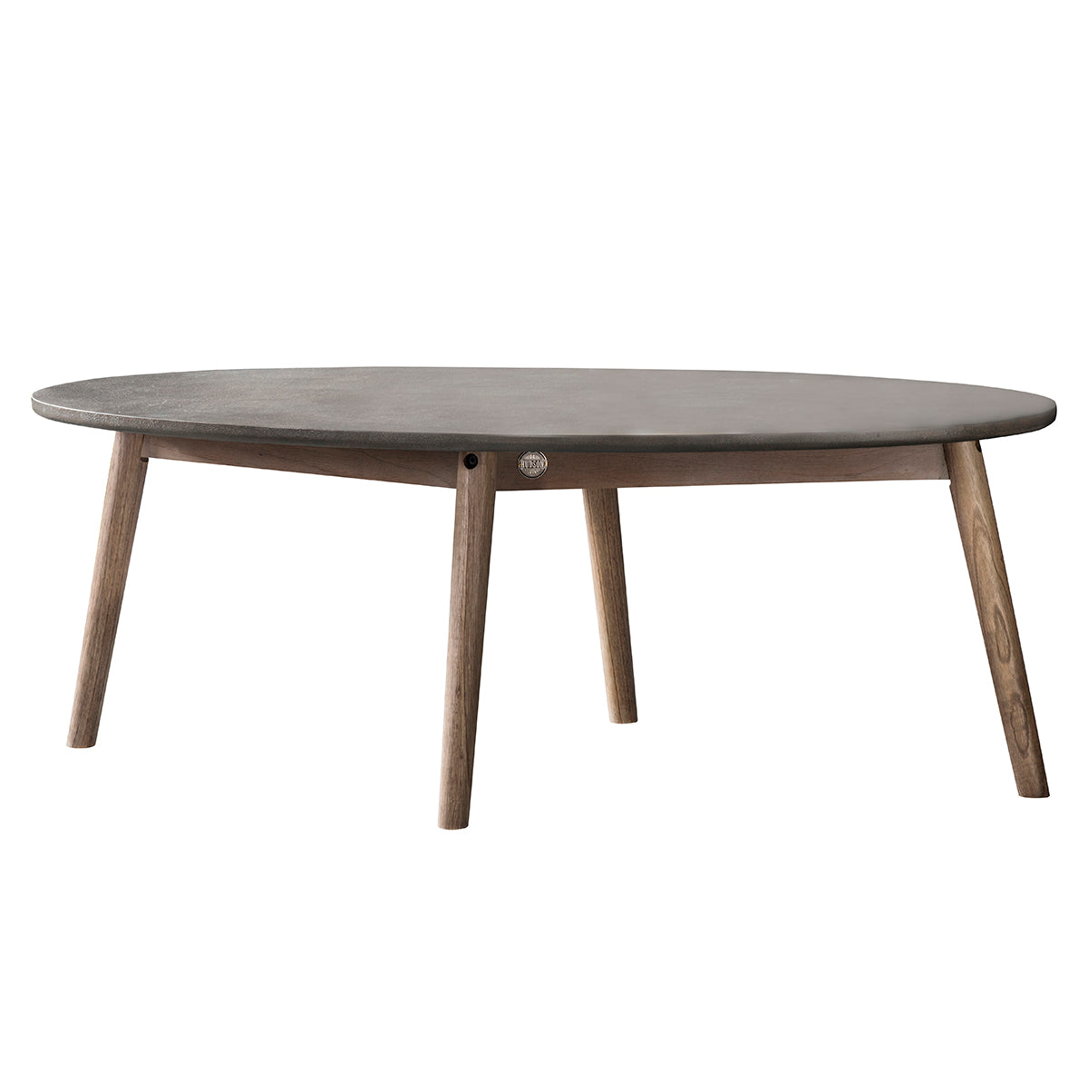 A Challaborough Oval Coffee Table 1100x600x400mm with wooden legs and a grey concrete top for interior decor from Kikiathome.co.uk.