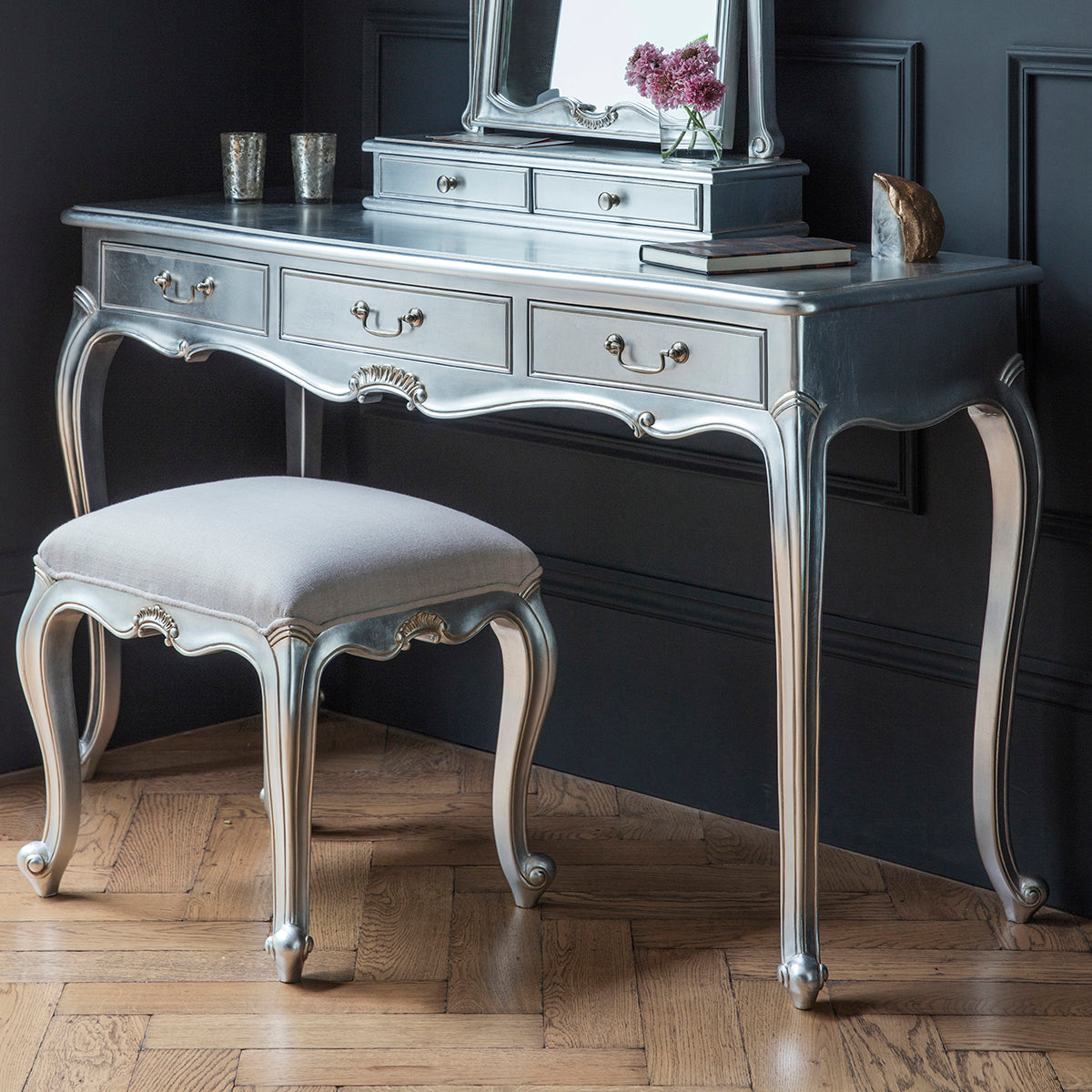 A Holne Dressing Table Silver with mirror and stool, perfect for interior decor as home furniture from Kikiathome.co.uk.
