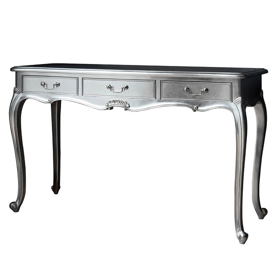 A Holne Dressing Table Silver 1260x450x760mm with three drawers, perfect for home furniture and interior decor from Kikiathome.co.uk.