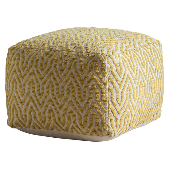 A chevron-patterned pouffe in ochre, measuring 500x500x350mm, sold by Kikiathome.co.uk for interior decor.