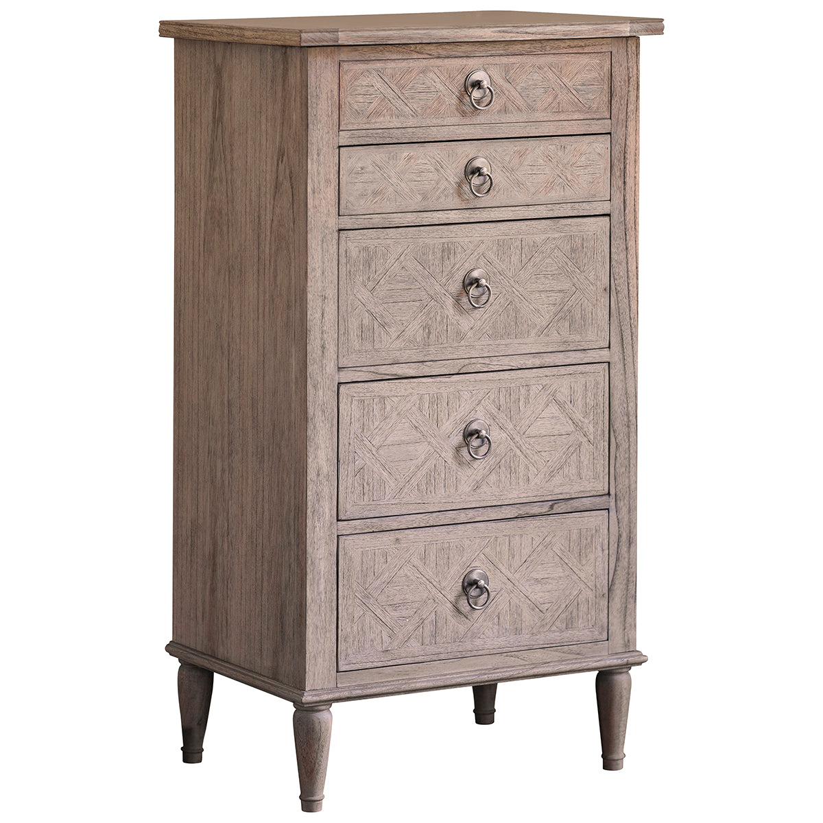 A Belsford 5 Drawer Lingerie Chest with an ornate design for interior decor.