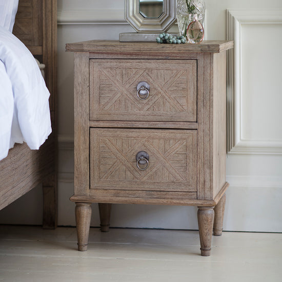 A Belsford 2 Drawer Bedside Table with mirror, perfect for interior decor and home furniture.