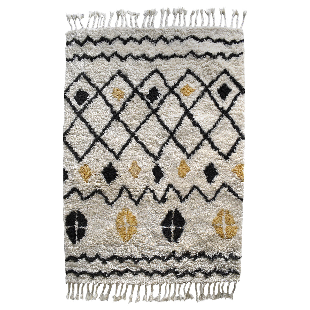 Load image into Gallery viewer, A black, yellow and white Navaho Rug 1200x1700mm with fringes perfect for interior decor from Kikiathome.co.uk.
