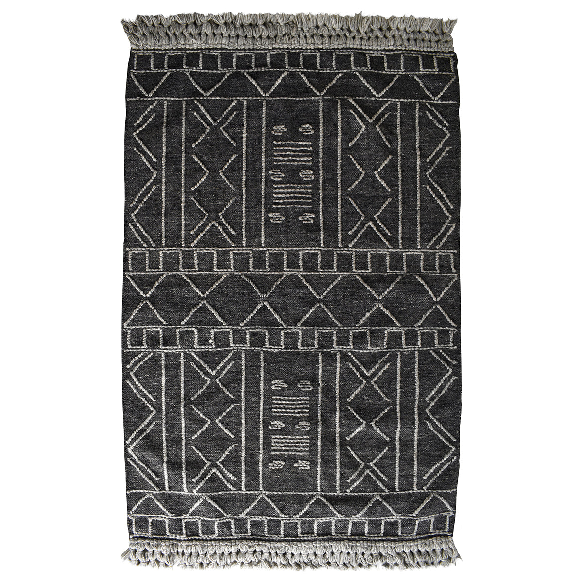 An Aish Rug 1200x1700mm from Kikiathome.co.uk, a black and white tribal rug with fringes for interior decor.