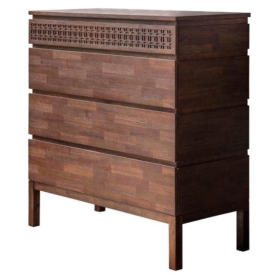 A Dartington Retreat 4 Drawer Chest 1000x460x1040mm with a wooden design on it for interior decor and home furniture.