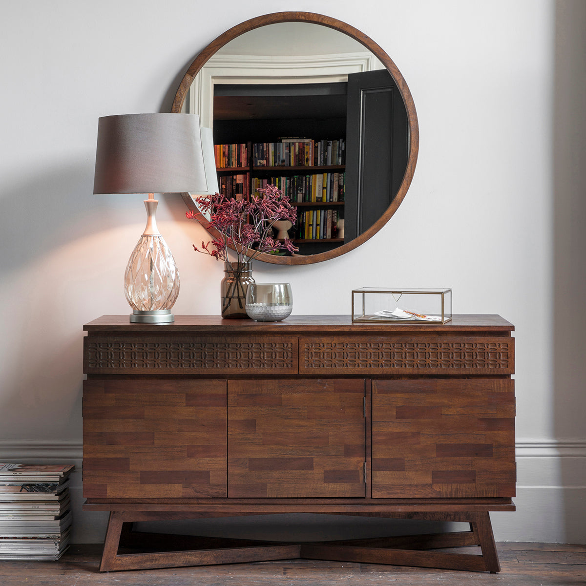 A Dartington Retreat sideboard 1400x450x800mm with a lamp and a mirror, perfect for interior decor and home furniture.