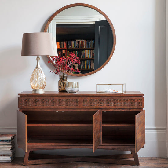 A Dartington Retreat sideboard with mirror and vase, perfect for home furniture and interior decor.