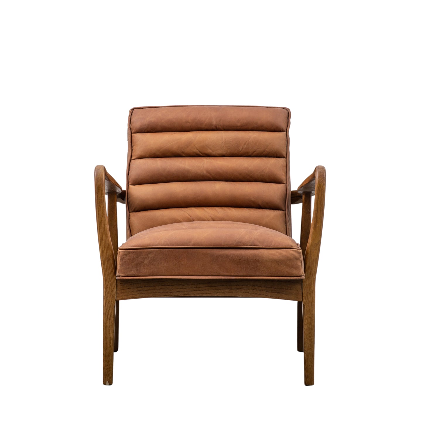 A Vintage Brown Leather lounge chair with wooden legs for home furniture and interior decor.