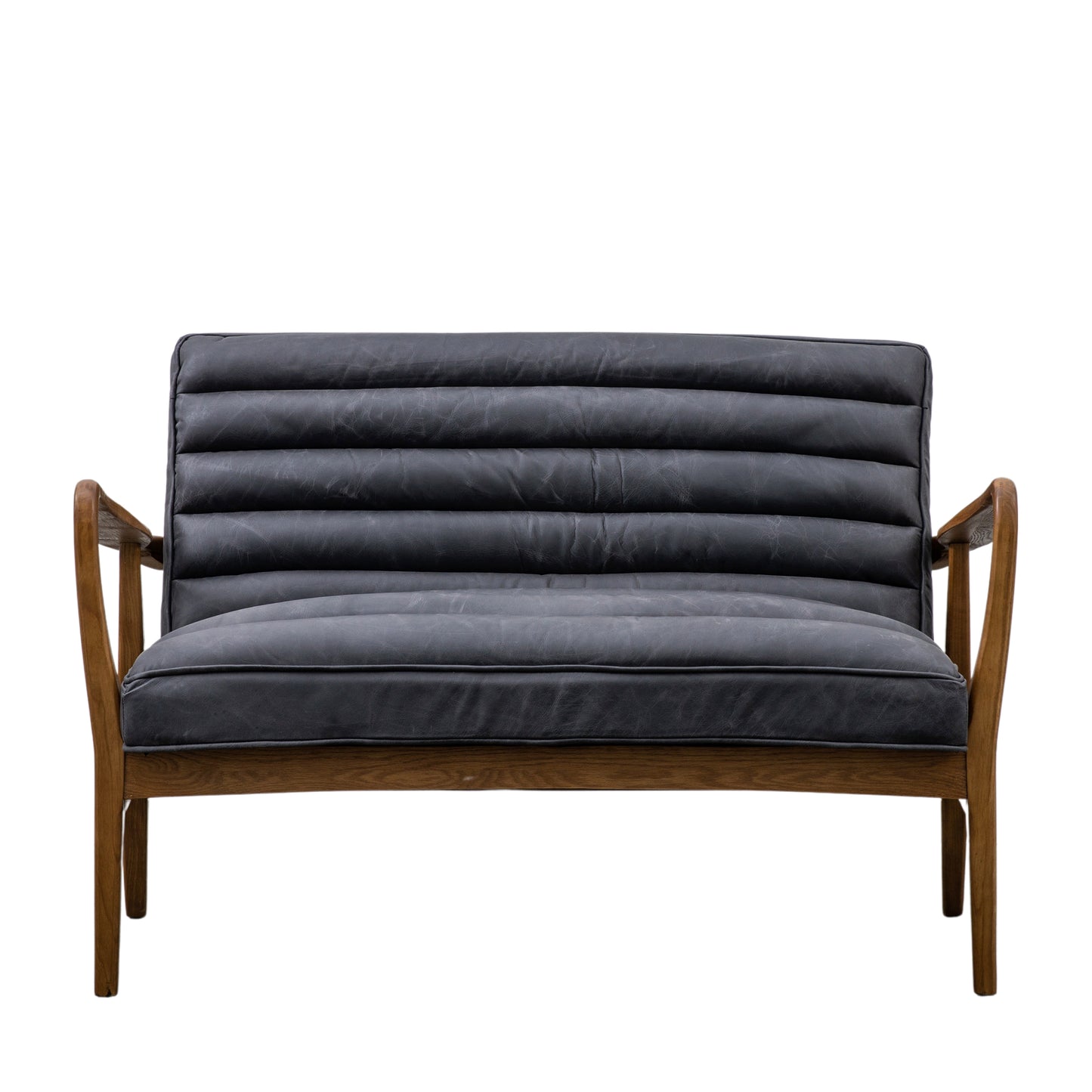 A vintage 2 seater sofa with a dark leather seat and wooden legs, perfect for interior decor.