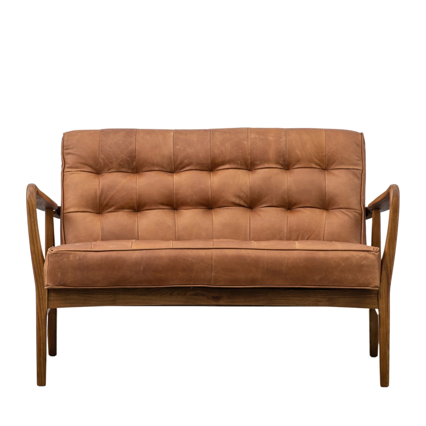 A vintage brown leather 2-seater sofa with wooden legs perfect for interior decor and home furniture.