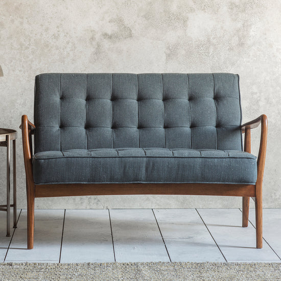 Load image into Gallery viewer, A Camber 2 Seater Sofa Dark Grey Linen for home furniture with wooden legs and a lamp from Kikiathome.co.uk as part of interior decor.
