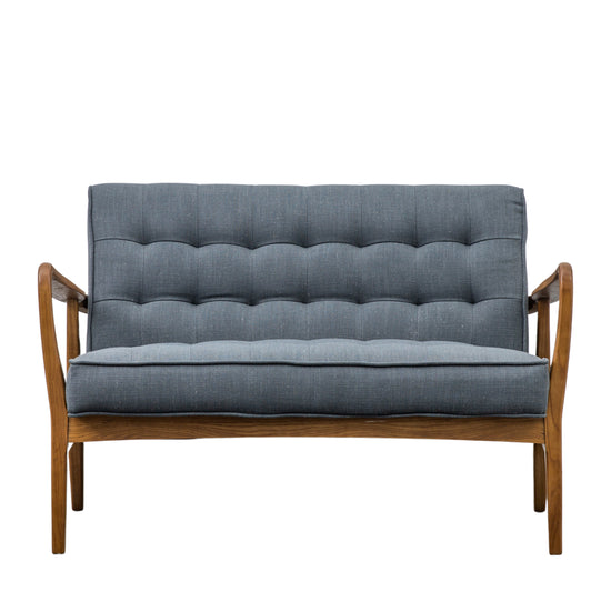 A Camber 2 Seater Sofa in Dark Grey Linen with a wooden frame and blue fabric, perfect for home furniture and interior decor.