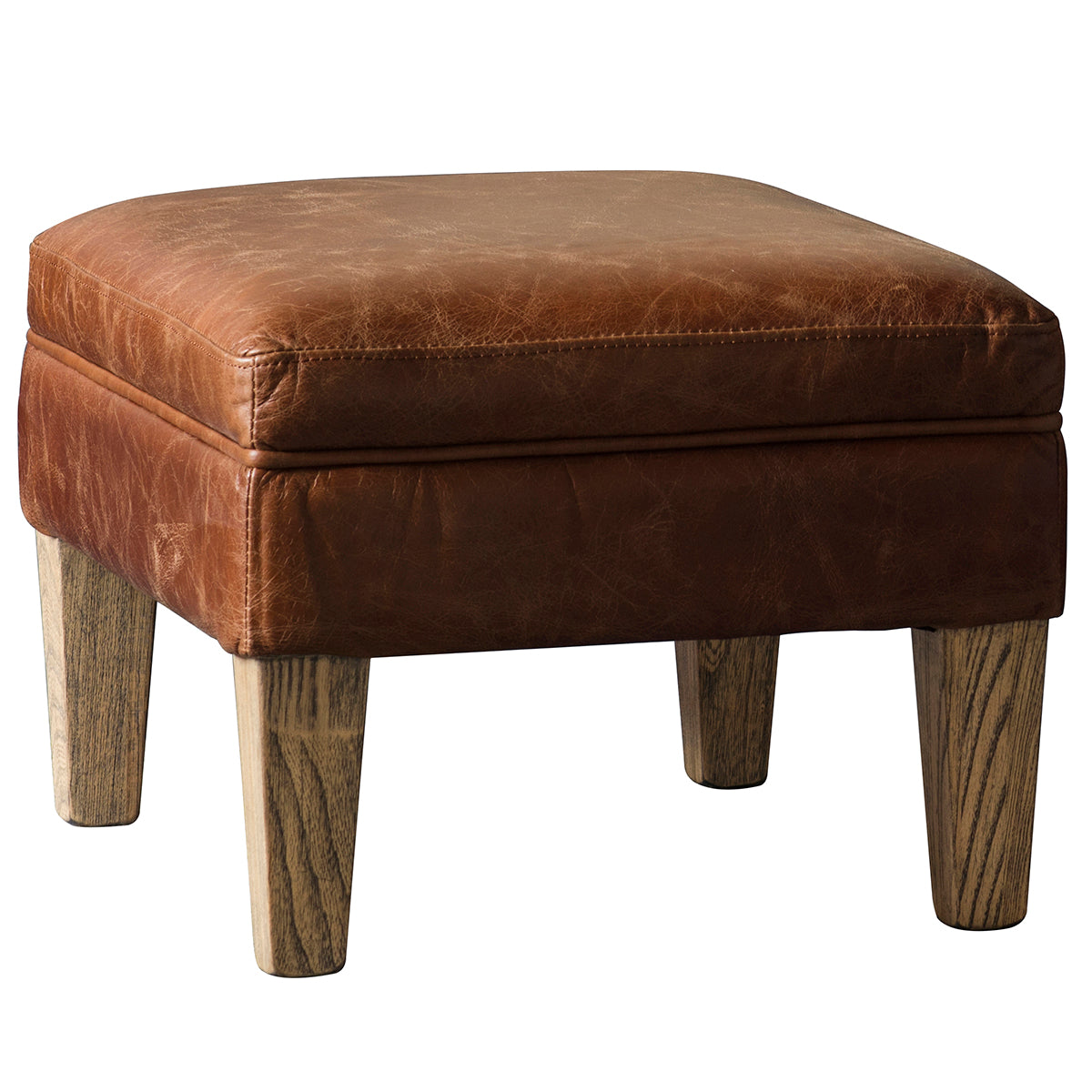 A vintage brown leather ottoman for home furniture and interior decor.