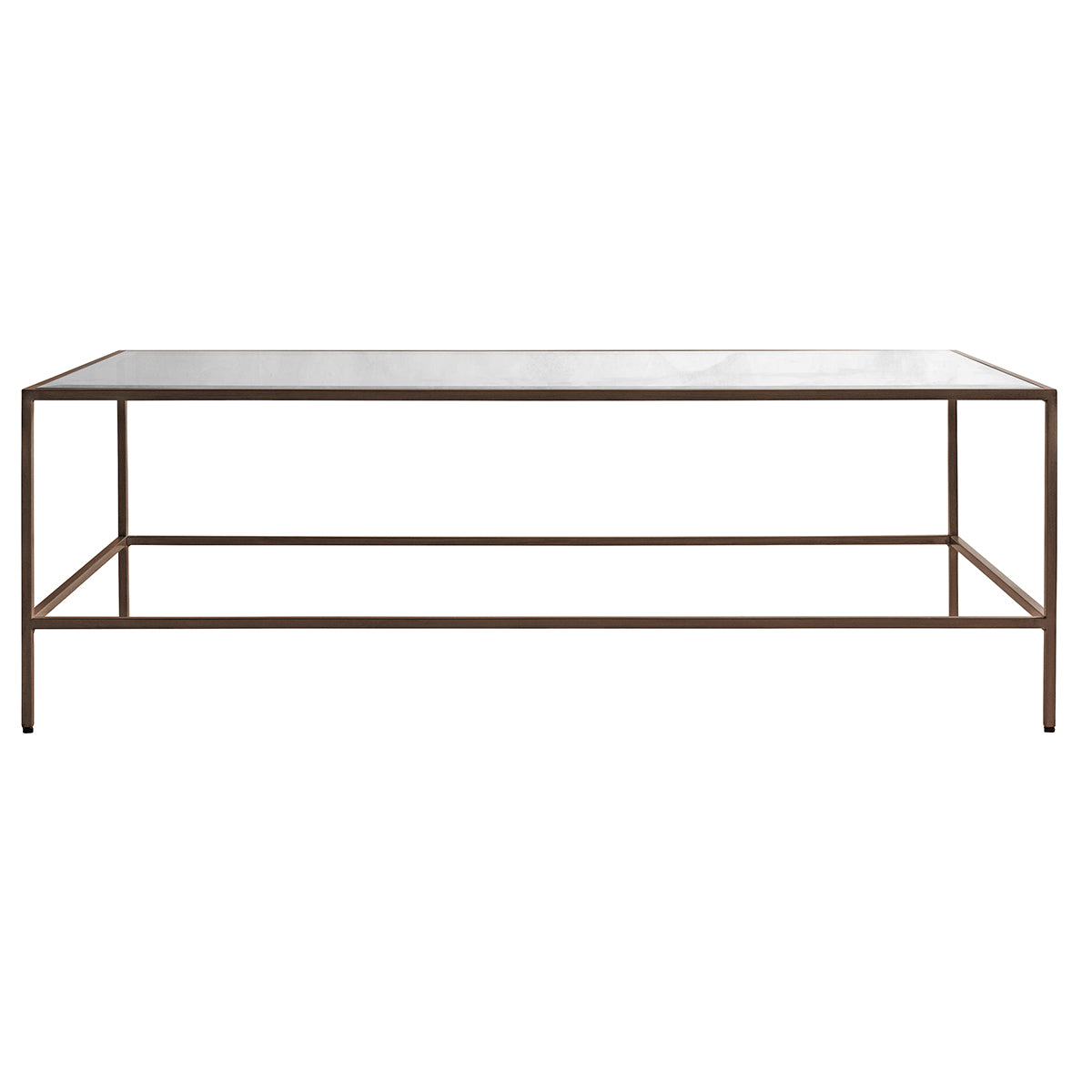 An Engleborne Coffee Table Bronze 1200x650x400mm with a metal frame and glass top for interior decor.