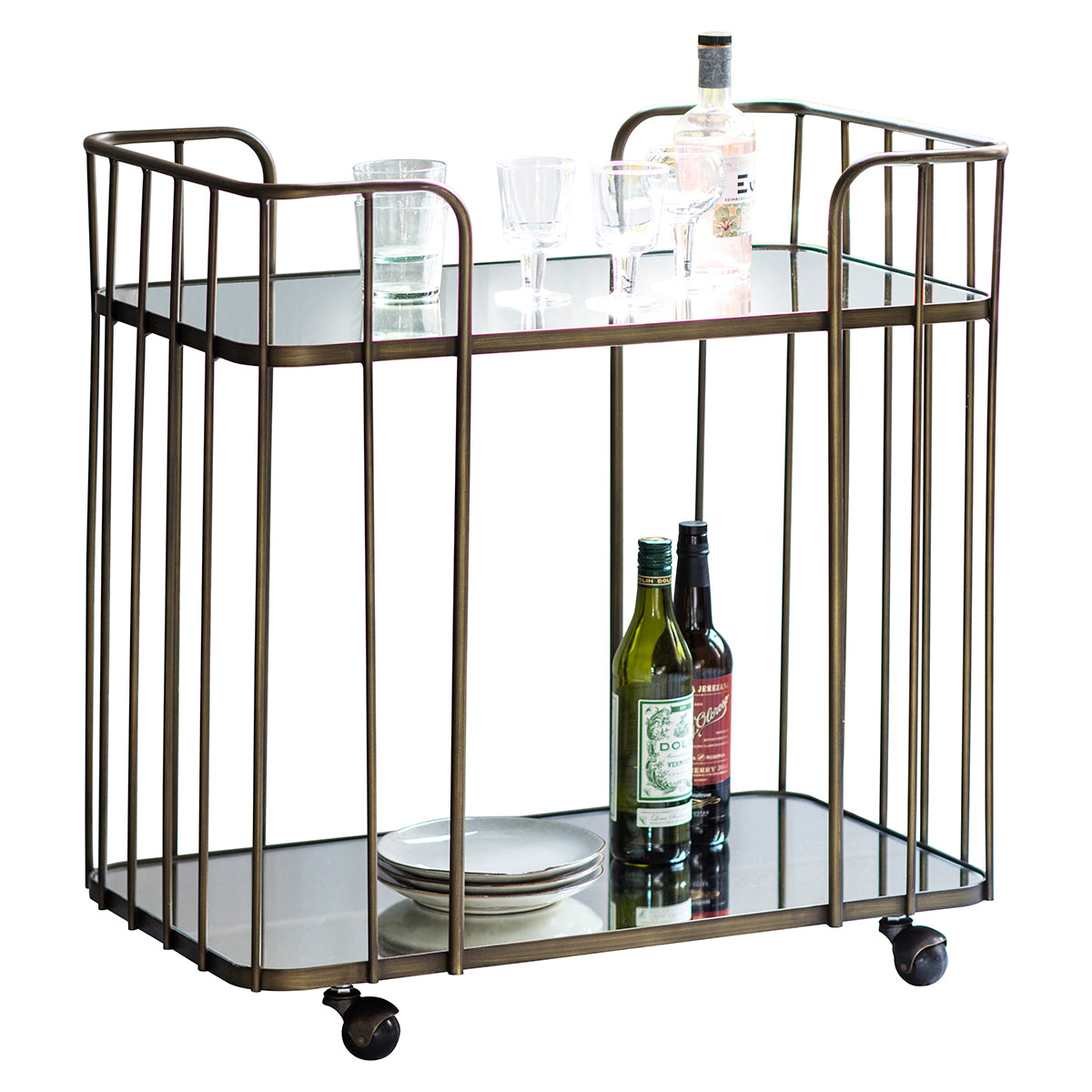 A home furniture piece, the Verna Drinks Trolley from Kikiathome.co.uk, is a bronze trolley measuring 750x457x787mm adorned with wine bottles, serving as an