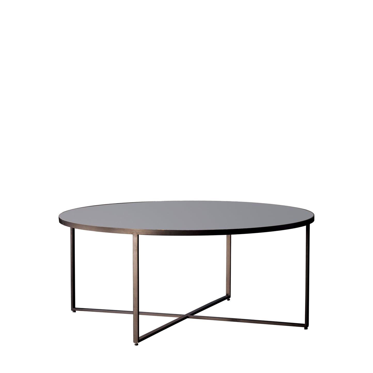 A Torrance Coffee Table with a metal frame and a glass top, perfect for home furniture and interior decor.
