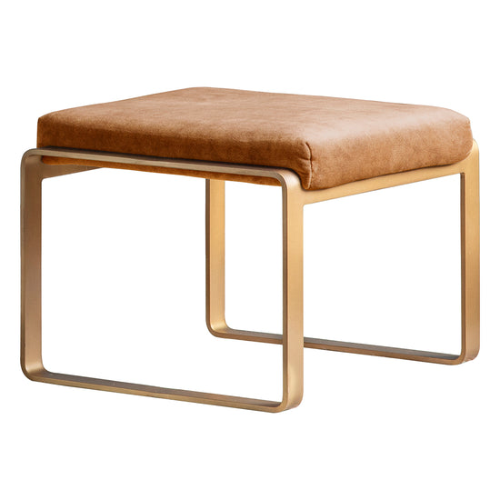 A Huish Footstool with a metal frame and a tan leather seat, perfect for interior decor.