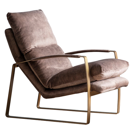 A luxurious velvet-upholstered Huish Lounger Mineral with a gold frame perfect for interior decor from Kikiathome.co.uk.
