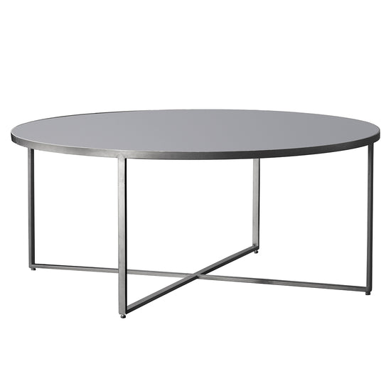 Load image into Gallery viewer, A Torrance Coffee Table Silver 1000x1000x420mm by Kikiathome.co.uk, perfect for interior decor or home furniture, featuring metal legs and a grey top.
