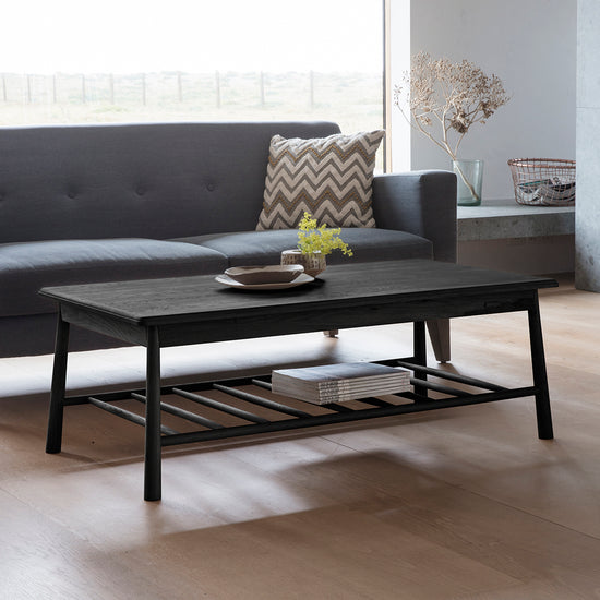 A stylish Tigley Rect Coffee Table in black, measuring 1200x650x425mm, enhances the interior decor of a living room with its presence as home furniture.