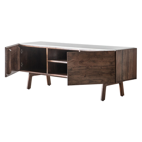 A contemporary Avonwick Media Cabinet with glass doors and wooden legs for home furniture.