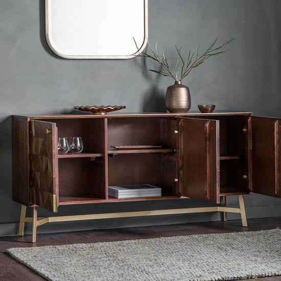 A Tate 3 door Sideboard with a mirror and a vase for interior decor from Kikiathome.co.uk.