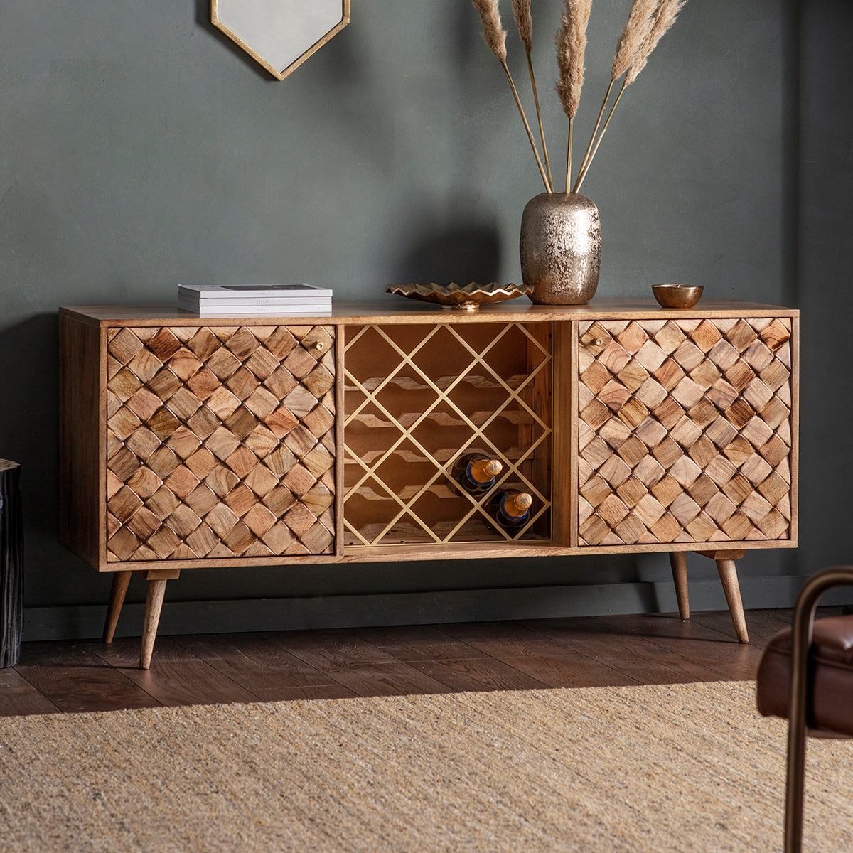 A Tuscany Wine Sideboard Burnt Wax with woven baskets, perfect for interior decor.