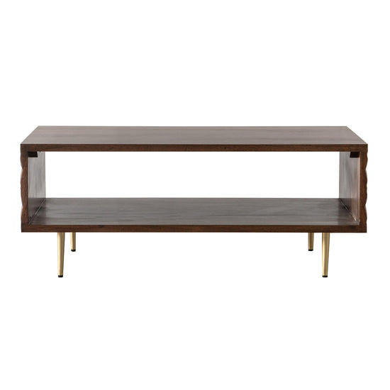 An Ugborough Coffee Table 1100x580x400mm with a wooden shelf and brass legs, perfect for interior decor and home furniture enthusiasts.
