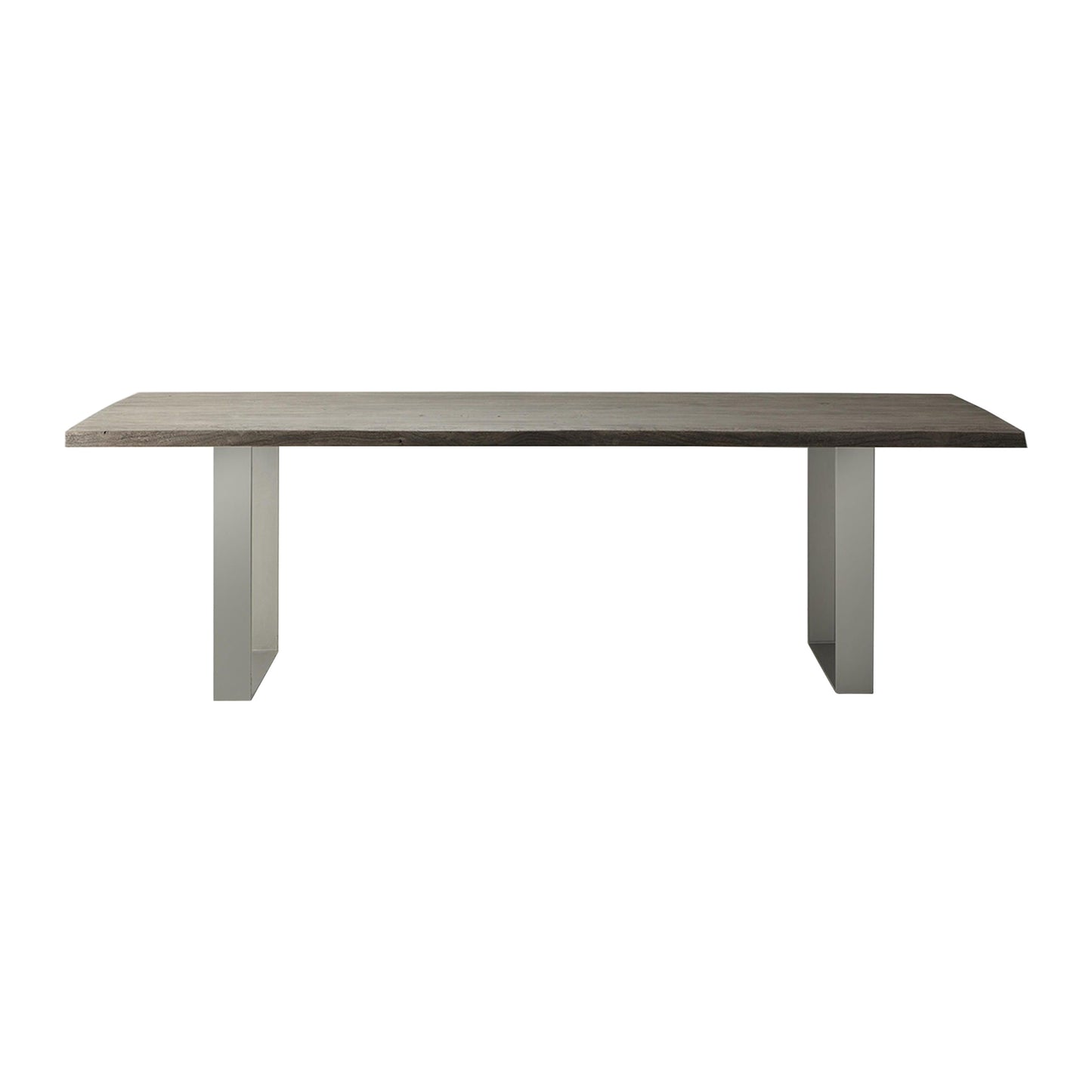 A grey wood dining table with metal legs, suitable for home furniture and interior decor.