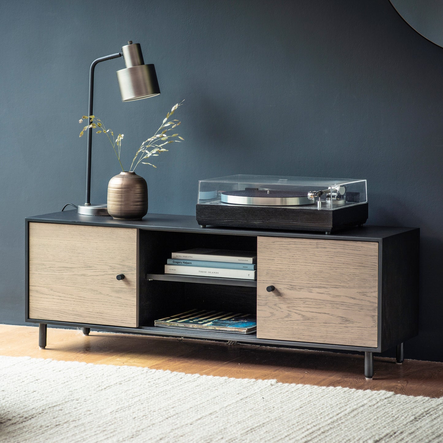 Load image into Gallery viewer, A 1200x400x420mm Prawle Media Unit with record player and lamp for interior decor.
