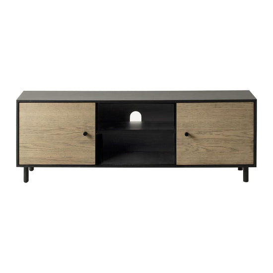 A black and wood Prawle Media Unit 1200x400x420mm tv stand with two doors for interior decor from Kikiathome.co.uk.