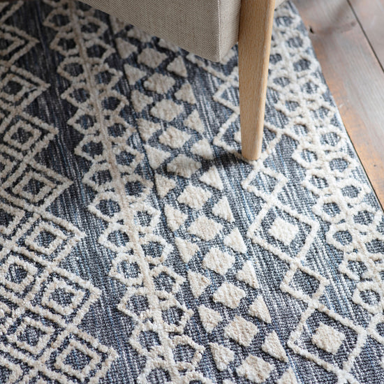 A Plaza Rug Dark Teal 800x1500mm with a geometric pattern, perfect for home furniture and interior decor from Kikiathome.co.uk.