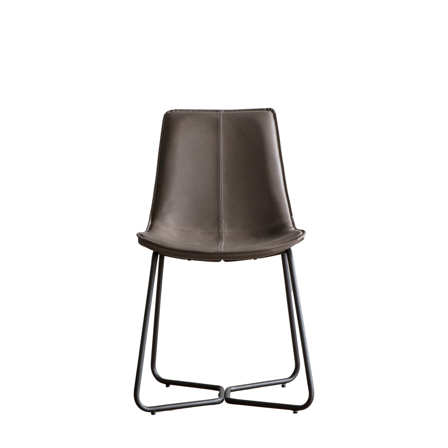 A brown leather dining chair with a black metal frame, perfect for interior decor and home furniture.