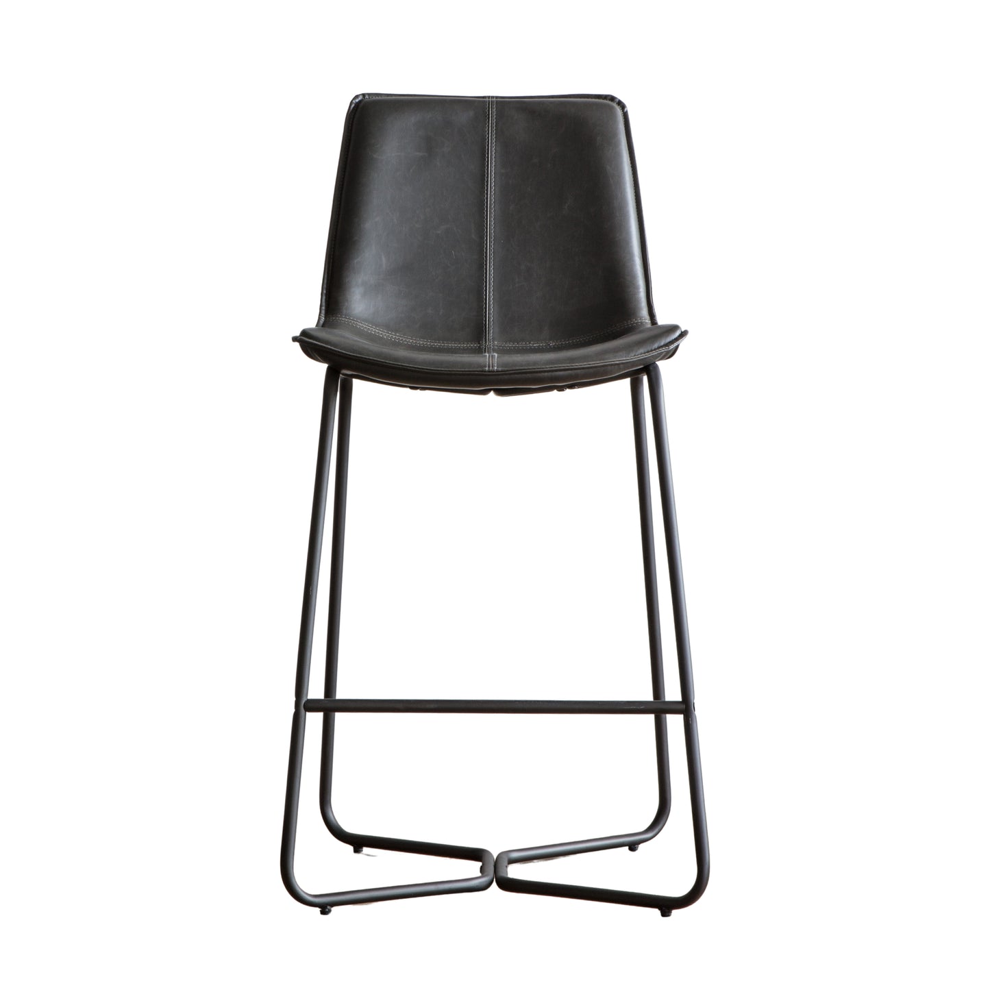 A Slapton Stool Charcoal (2pk) 480x550x975mm with a metal frame for interior decor.