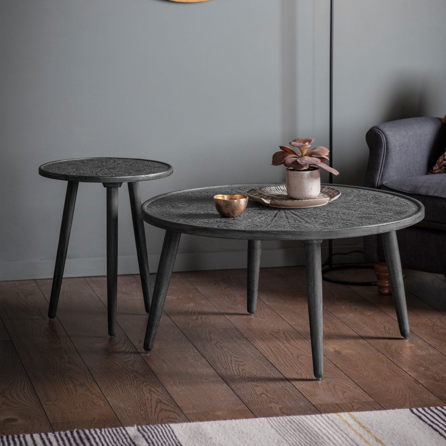 A Home furniture Side Table in Grey Black 450x450x550mm from Kikiathome.co.uk, adding a touch of Interior decor to any living room.