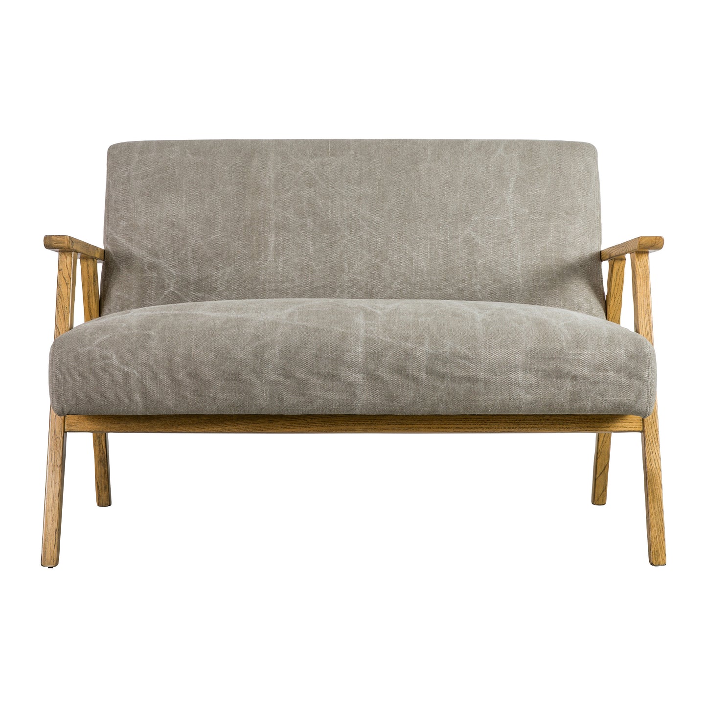A stylish home furniture piece: the Neyland 2 Seater Sofa (Pebble Linen) with a wooden frame and a grey upholstered seat offered by Kikiathome.co.uk.