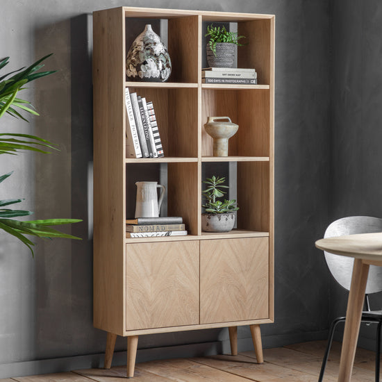A Tristford 2 Door Open Display 800x350x1700mm bookcase by Kikiathome.co.uk, an interior decor piece placed in a room with a table and a