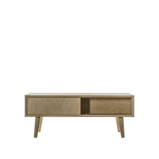 A modern wooden coffee table with two drawers for interior decor and home furniture.