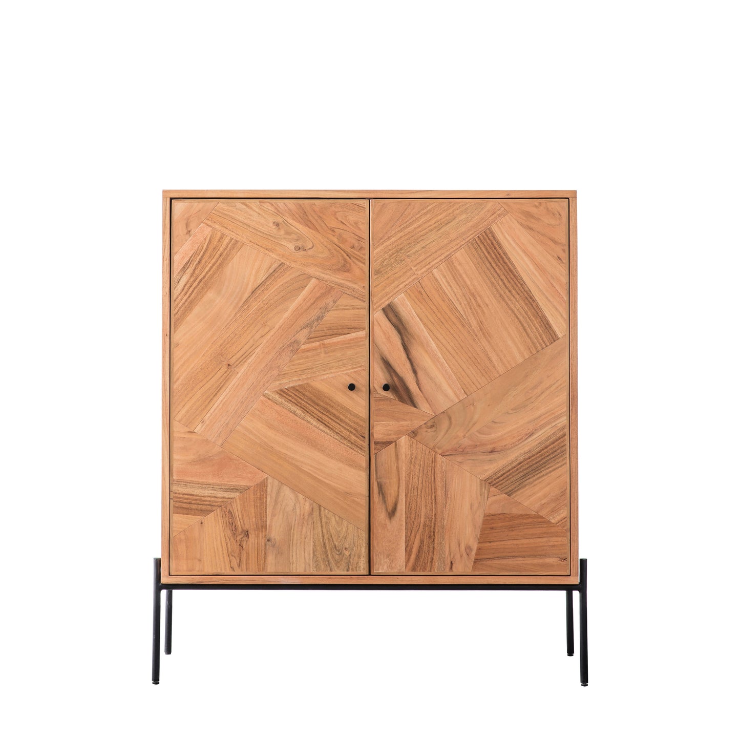 An Ashbury 2 Door Drinks Cabinet with black legs and a geometric pattern, perfect for interior decor and home furniture.