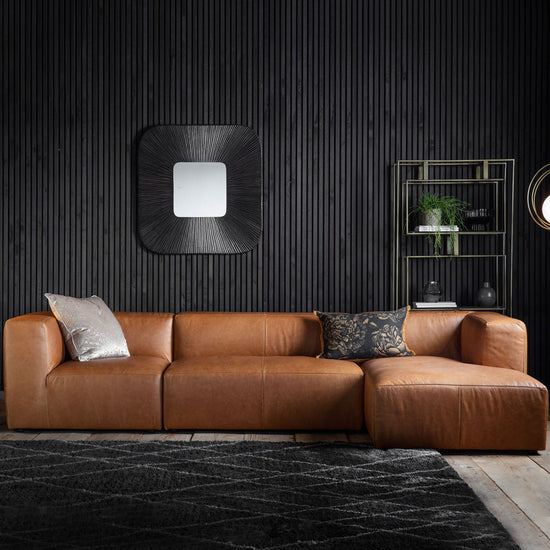 Load image into Gallery viewer, A contemporary living room featuring a Ravenna Corner Chaise Brown Leather sectional sofa as the centerpiece, sourced from Kikiathome.co.uk.
