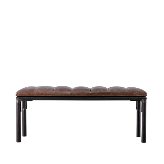 A Tiverton Brown Leather Bench 1200x460x485mm with metal legs for home furniture and interior decor from Kikiathome.co.uk.