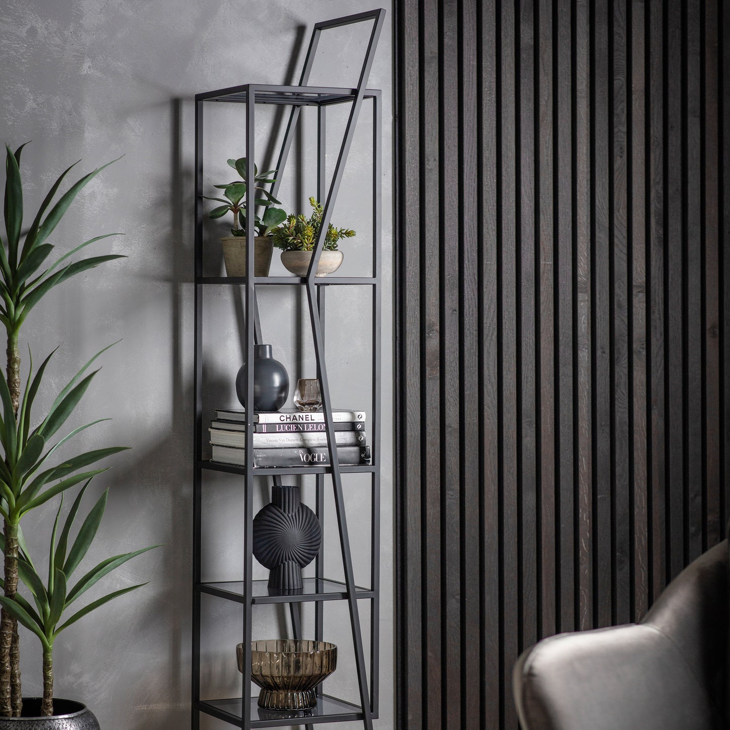 A black metal Putney Open Display bookcase for home furniture and interior decor.