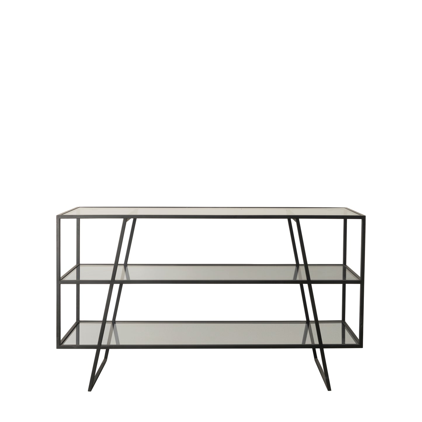A Putney Console Table 1400x405x800mm with glass shelves and metal legs, ideal for interior decor, sold by Kikiathome.co.uk.