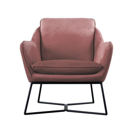 A Lucca Chair Blush Velvet with a black metal frame for interior decor/home furniture.