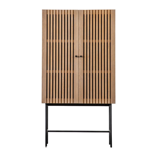 A Tortington 2 Door Cocktail Cabinet with black slats for home furniture and interior decor.