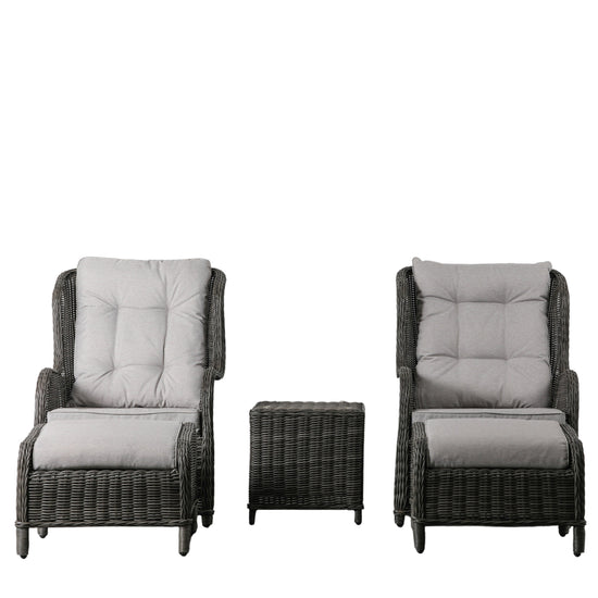 A set of grey wicker lounge chairs with cushions perfect for home furniture.