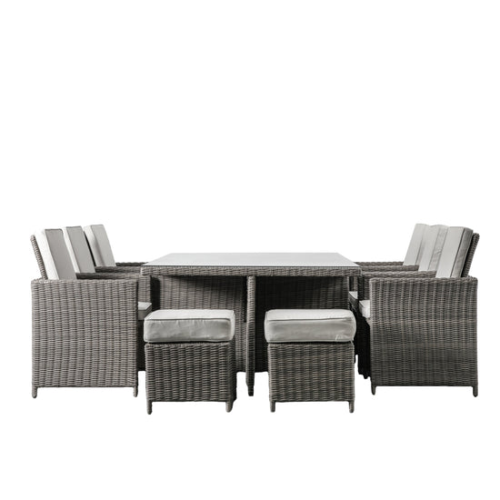 A Cadbury 10 Seater Cube Dining Set Grey with grey cushions for stylish interior decor and home furniture.