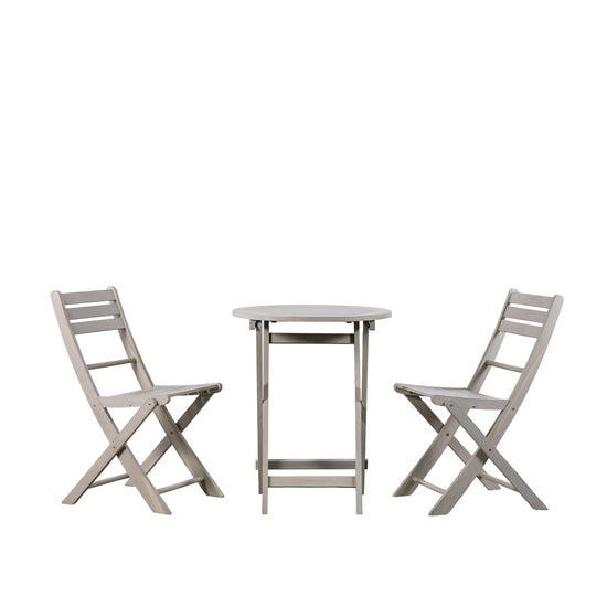 Two Chillington 2 Seater Bistro Set Whitewash chairs and a table on a white background, ideal for home furniture and interior decor.