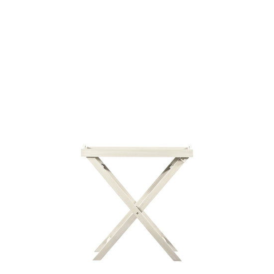 A whitewashed Alfrington Tray Table with a cross on top, perfect for home furniture and interior decor from Kikiathome.co.uk.