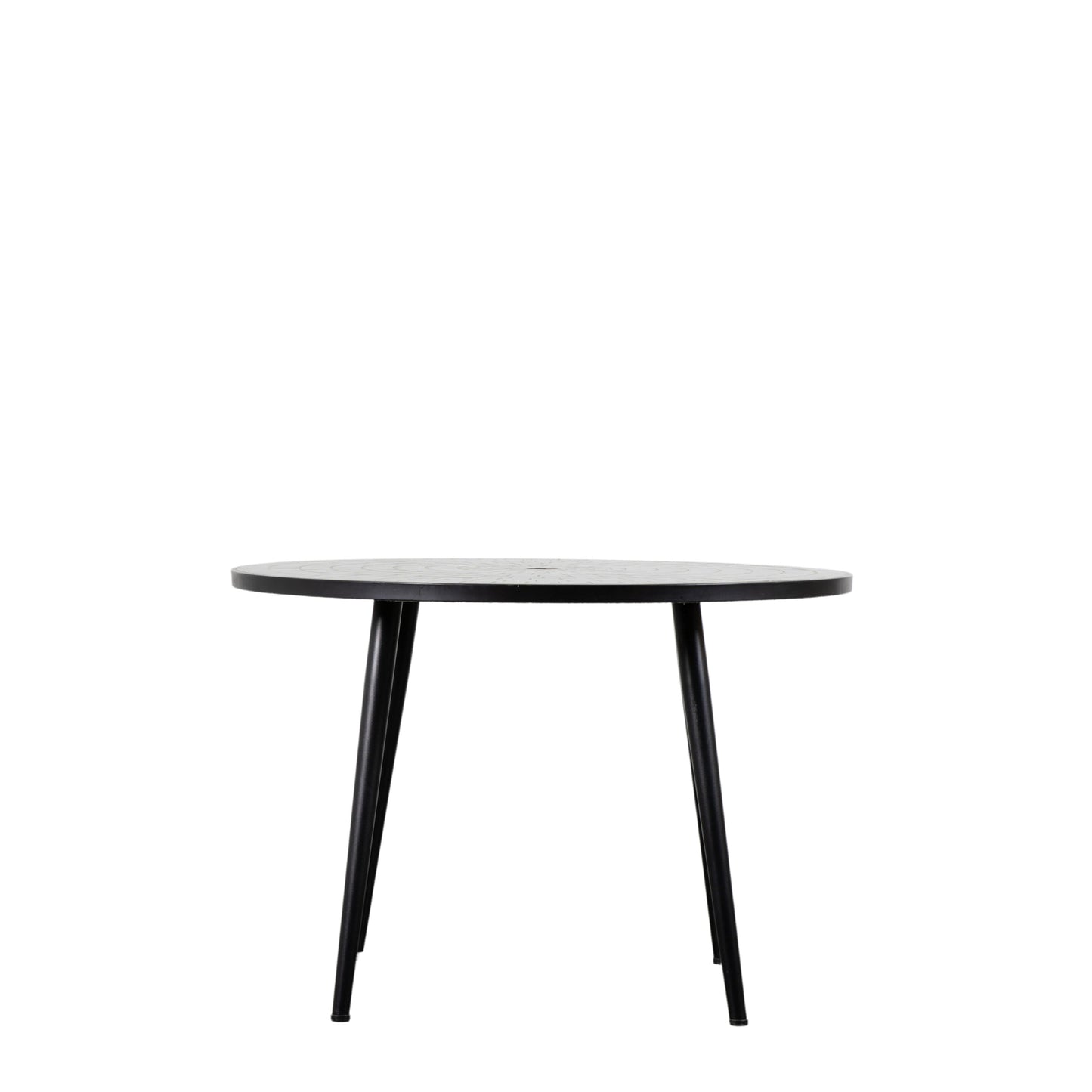 A Haytor Mosaic Round Dining Table with black legs on a white background for interior decor.